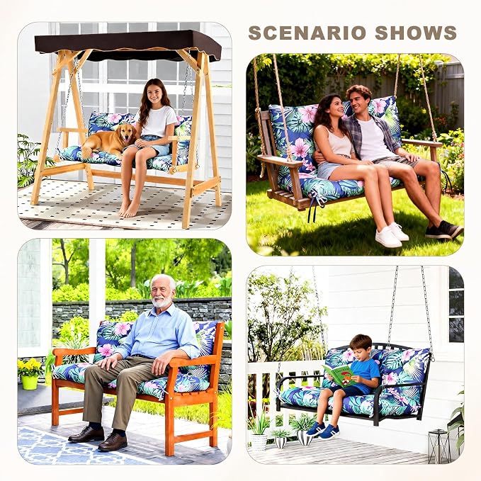 Porch Swing Cushion with Backrest,Waterproof Bench Cushion for Outdoor Furniture,2-3 Seater Replacement Thickened Swing Cushion with Ties,Patio,Outdoor,Backyard and Garden (Tropical Floral,40x40")