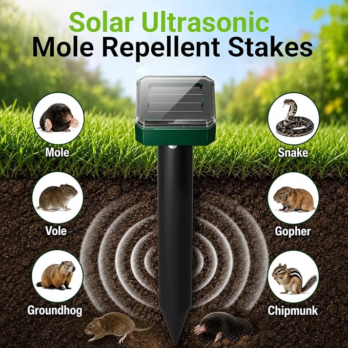 8 Pack Mole Repellent Solar Powered, Gopher Repellent Ultrasonic for Lawns, IP65 Waterproof Mole Deterrent for Yard, Outdoor Pest Control for Groundhog, Vole, Armadillo, Chipmunk, Snake