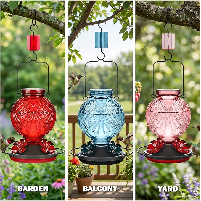 Glass Hummingbird Feeder for Outdoors Hanging, 20oz Bird Nectar Feeder with 4 Bee Guard Flower-Shaped Ports & Built-in Ant Moat, Easy to Clean, for Bird Lover,1 Pack, Blue