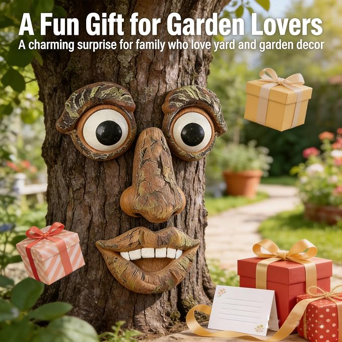 Tree Faces Decor Outdoor, Large Whimsical Old Man Tree Hugger Statues, Resin Tree Art for Garden Yard Patio, Funny Tree Peeker Sculptures for Halloween Easter (A)