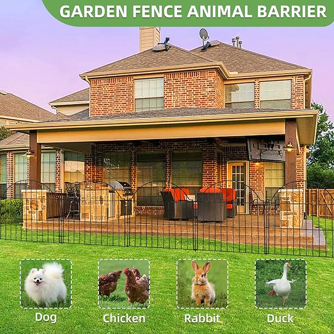10 Panels No Dig Decorative Outdoor Garden Fence, 24in (H) x20ft (L) Animal Barrier Fencing for Dog, Arched Flower Bed Edging, Rustproof Metal Wire Panel Border with Temporary Ground Stakes
