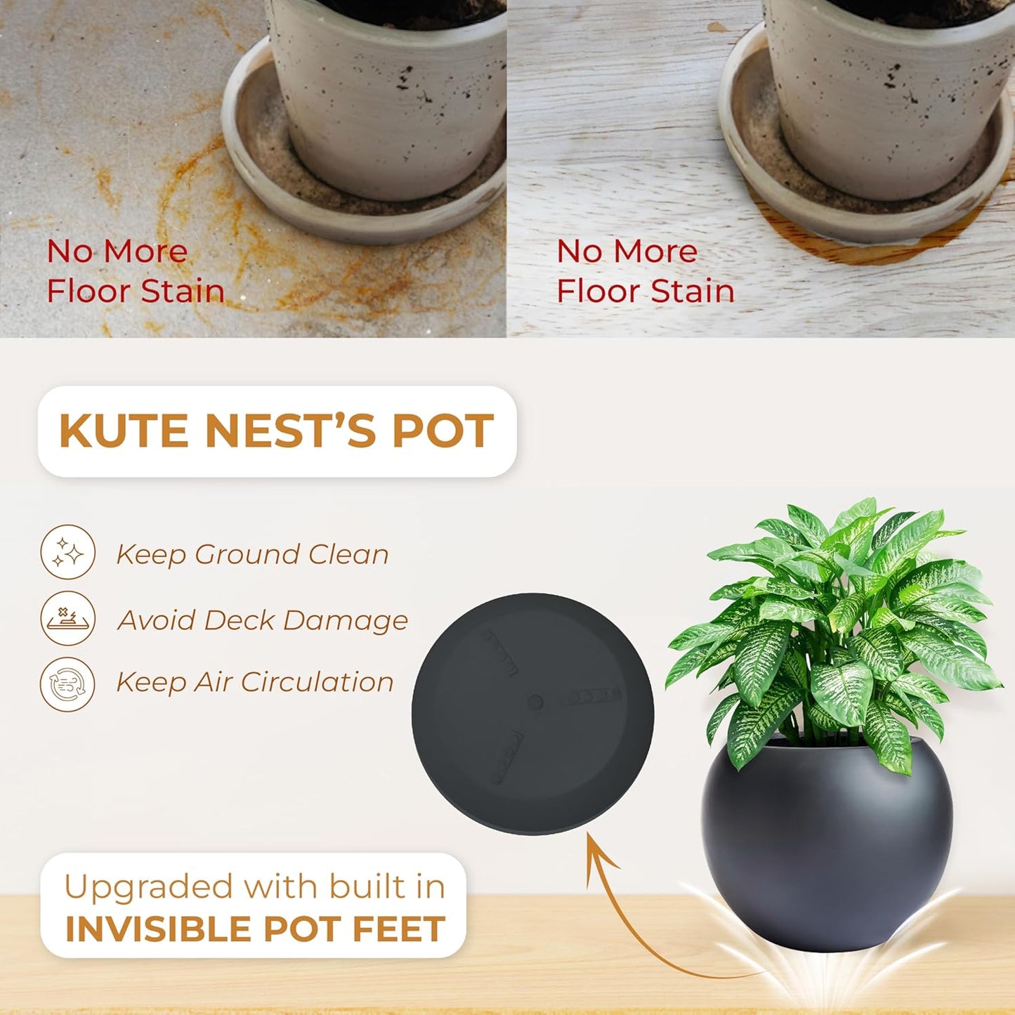 9.7" H x 12" D Globo Fiberstone Round Planter with Drainage Hole, Weather Resistant, Smooth Finish, Planters for Indoor Plants & Outdoor, 2 Extra Coco Mats (Black, 7.8" Pot Opening)