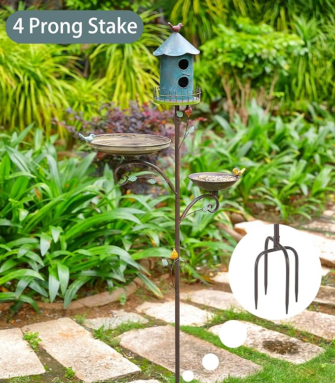 Metal Bird Bath Feeder and Houses for Outdoors, Birdbaths for Outside with 4-Prong Stake, 3 in 1 Free Standing with Blue House on Pole for Garden Patio Yard Lawn
