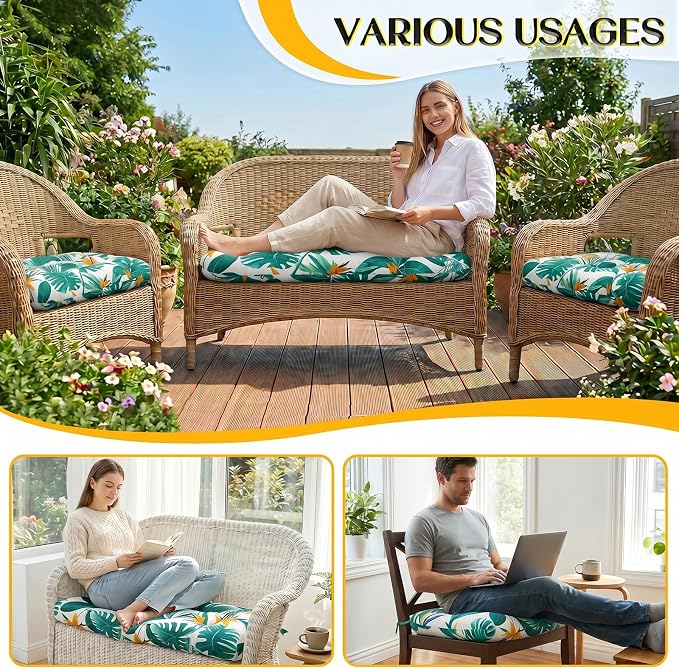 1 MIDDLE ONE Wicker Chair Cushions 3 Pieces Set for Outdoor Furniture, Replacement Patio Wicker Furniture Cushions, 1Pc Loveseat Cushion & 2Pcs Chair Cushions (Tropical Monstera)