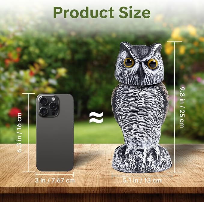 OFFO 3 Pack Fake Owl, Owl Statue for Garden and Yard Decoration, Weatherproof Plastic Rotating Head Outdoor Owl Decor for Porch Pool Patio Yard, 10-Inch Height, Round + Long + Short Ear Owl