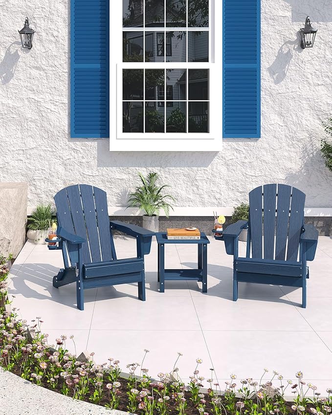 GarveeLife Folding Adirondack Chair, All-Weather HDPE Outdoor Chair, Wooden Textured with Cup Holder for patios, Decks, Gardens, fire pits, Navy Blue