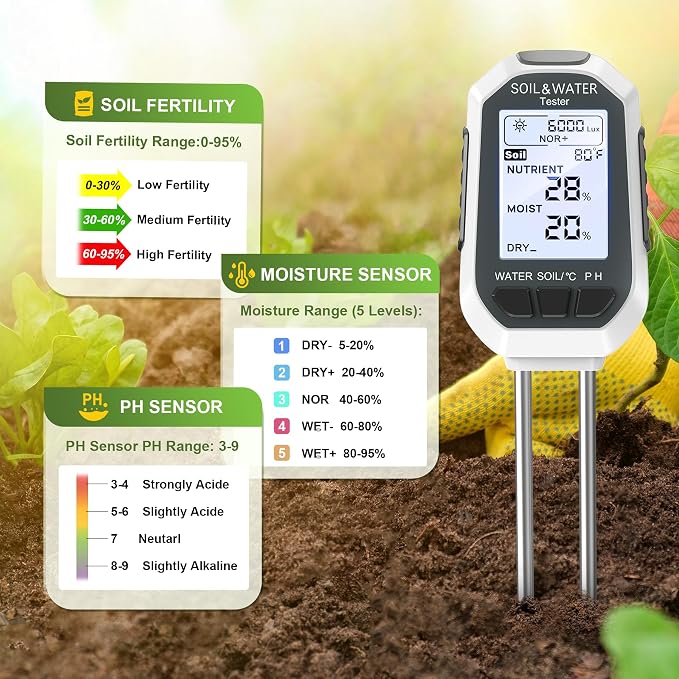 Soil Moisture Meter, 7-in-1 Digital Plant Water&Soil with EC/TDS/Fertility/PH/Temp/Mois/Sunlight Intensity Backlight LCD Display Soil Test Meter for Gardening, Farming and Outdoor Plants