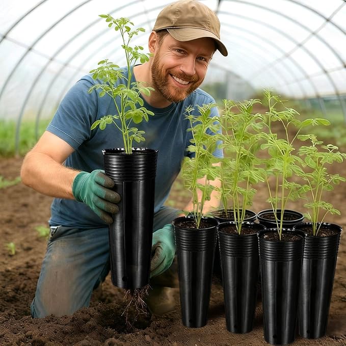 100 Pack Tall Tree Pot 11.8'' x 4.7'', Black Plastic Deep Nursery Pots, Soft Deep Seedling Pots for Seed Starting, Plant Starter Cups with Drainage Holes for Flowers, Cutting & Transplanting