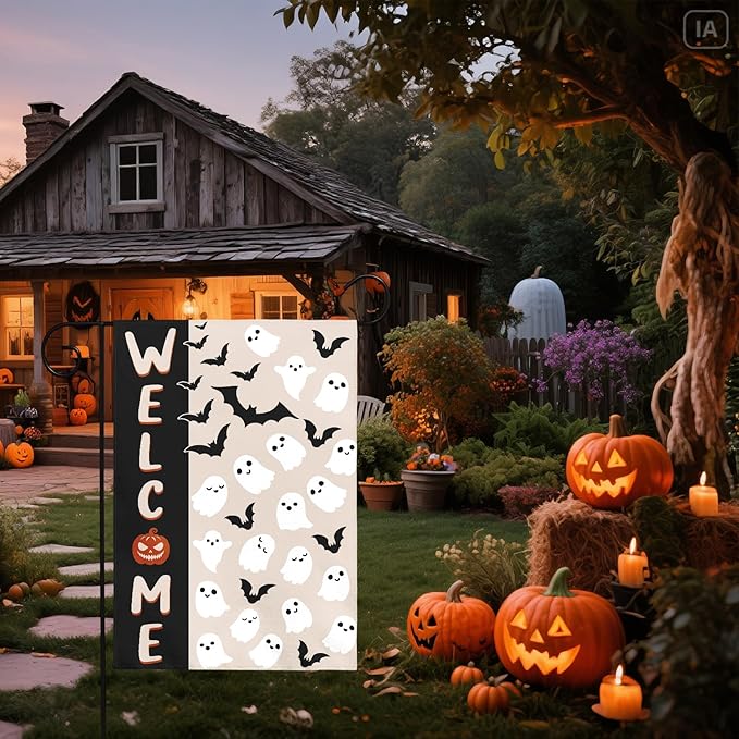 Halloween Welcome Garden Flag 12x18 Inch Cute Ghost Bat Black Cream Holiday Theme Scary Halloween Decorative Yard Flags for Outside Double Sided Outdoor Home Farmhouse Decoration Porch Decor