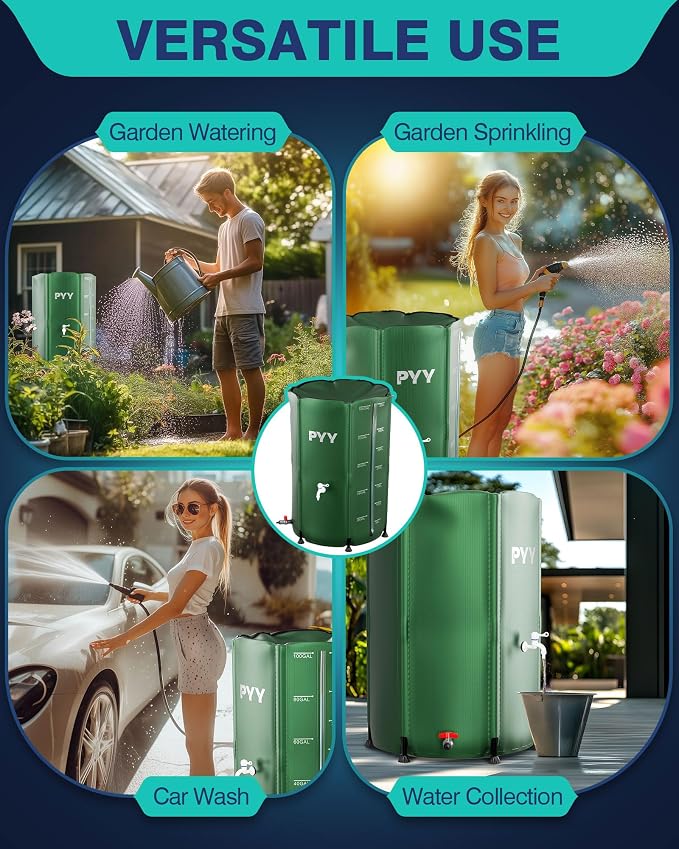 PYY Rain Water Collection Barrel - 100 Gallon Green Large Water Storage Tank with Spigots, Portable Rain Catcher to Collect Rainwater from Gutter, Plastic Rain Catchment System with Collapsible Bucket