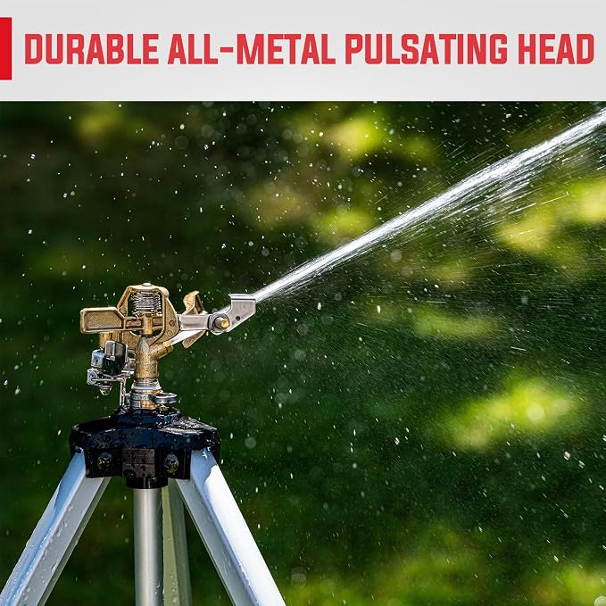 YAMATIC Tripod Impact Sprinkler for Yard Large Area, Heavy Duty Metal Lawn and Garden Sprinkler, 18"-36" Adjustable Height, 20°-360° Rotation Control, 3/4" Brass Quick Connect for Garden Hose, 1 Pack