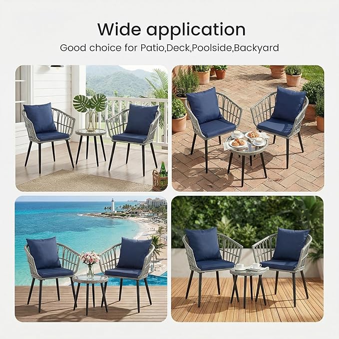 DUMOS 3 Pieces Outdoor Bistro Set, All-Weather PE Rattan Patio Furniture Set with Cushions, Steel Frame Table and Chairs for Balcony, Apartment, Porch, Grey