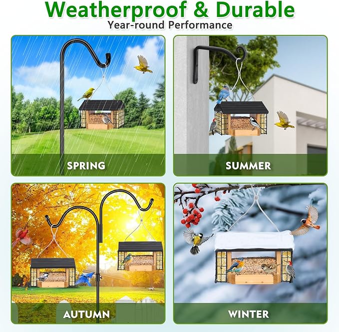Gbekery Hopper Bird Feeder for Outdoors Hanging, Wooden Bird Feeder with Double Suet Cage and Large Seed Capacity, Cedar Wood Suet Feeder with Weatherproof Roof, Garden Decoration