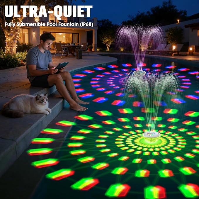 8000mAh Rechargeable Pool Fountain with Lights,2026 Floating Pool Fountain for Above Ground Pool Water Fountain Pump with Anchor, Swimming Pool Fountain Floating Pump for Pool Pond-SnowWhite