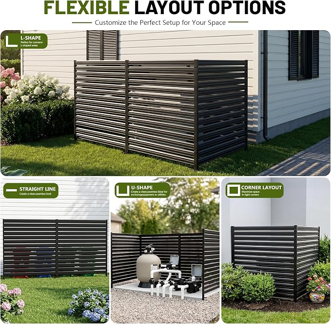 3 Panel No Dig Privacy Fence Screen, 42" H × 38" W Metal Outdoor Air Conditioner Fencing for AC Unit Cover, Hide Trash Bins, & Pool Equipment Enclosure, Decorative Garden, Patio & Backyard, Rustproof