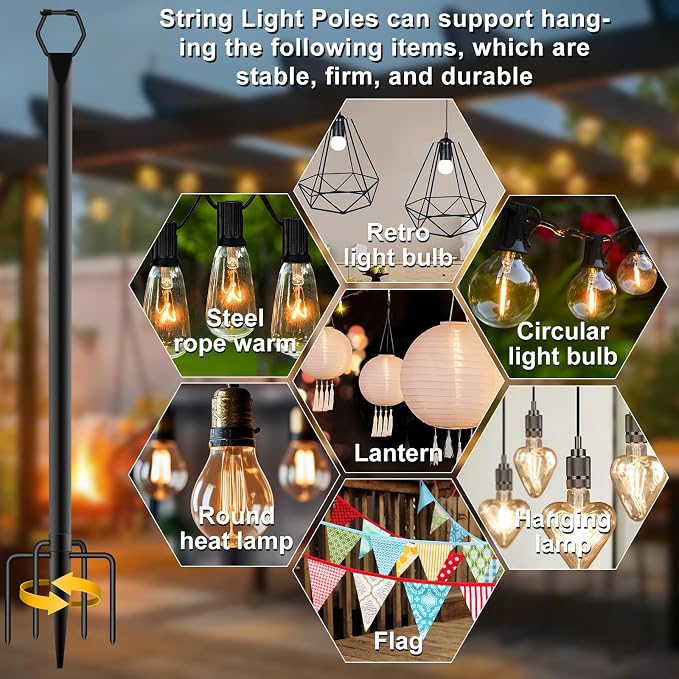4 Pack String Light Poles for Outside, 9Ft Light Poles for Outdoor String Lights, Adjustable Outdoor String Light Poles with Fork,Metal Fence Post for Patio,Backyard,Deck