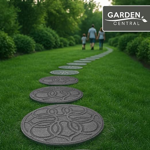 Garden Central TierraVerde 4-Pack 18”x18” Fake Pendant Rubber Stepping Stones, Round, Grey – Reversible Non-Slip Outdoor Faux Decorative Set for Landscaping – DIY Decor for Walkways & Yard Pathways