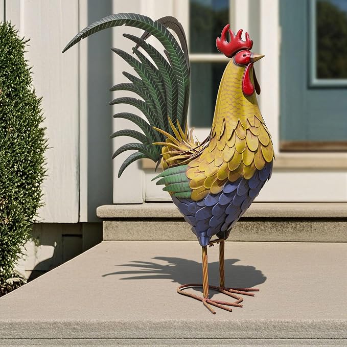 32" Oversized Metal Rooster Statue, Large Yard & Kitchen Decor | Durable Metal with Hand-Painted Finish, Farmhouse Rooster Chicken Decor for Yard, Garden, Patio