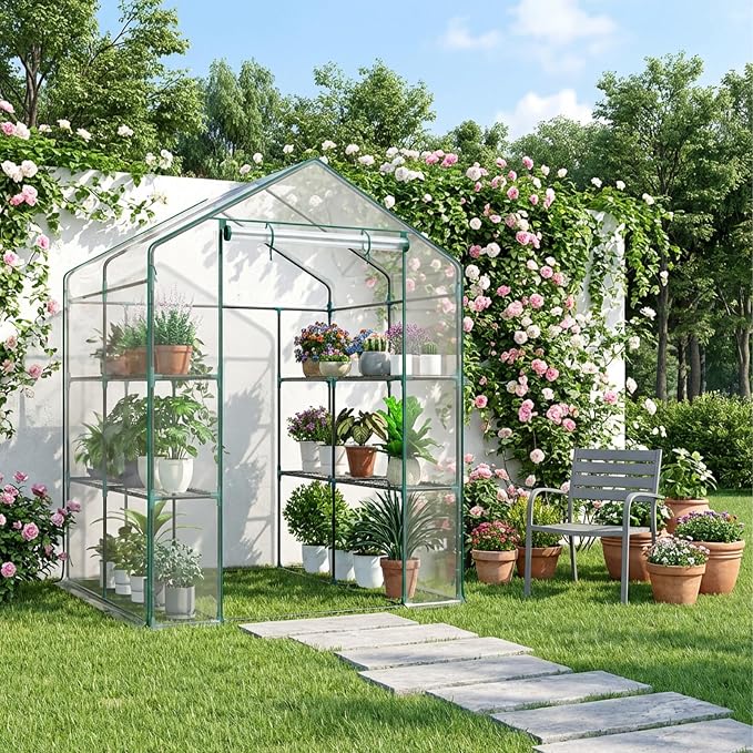 OLIXIS Outdoor Greenhouse, Walk-in Greenhouse with 2 Tier 8 Plant Shelves, Durable PVC Cover, 56"×56"×77" Portable Greenhouses for Outdoor Garden, Patio, Porch, Backyard Green Houses, Clear