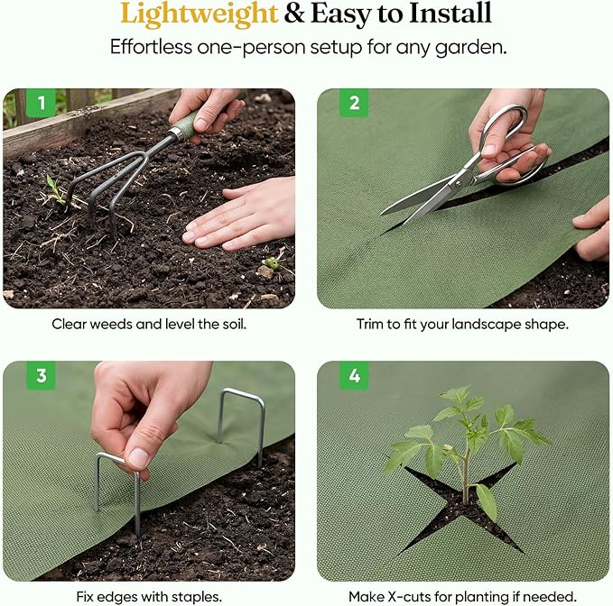 Grenebo Weed Barrier Fabric, 4FT x 100FT, Non-Woven Landscape Fabric, No-Fraying and Easy to Cut, Highly Permeable and Breathable, with 30 U-Shaped Stakes, for Gardens, Flower Beds and Vegetable Plots