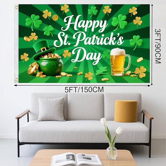 St Patrick's Day Flags 3x5 Outdoor Double Sided Flag 5x3 Ft Green Shamrocks Irish Holiday Decorations – Durable Polyester St Patricks Day Banner with White Header & 2 Brass Grommets for Yard House Garden