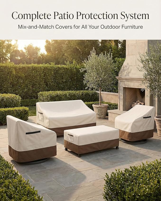 Waterproof Patio Ottoman Cover, Square Outdoor Side Table Furniture Cover with Padded Handles, 600D Heavy Duty Windproof All-Weather Patio Furniture Cover,UV Resistant, 25 x 25 x 18 Inch, Beige&Brown