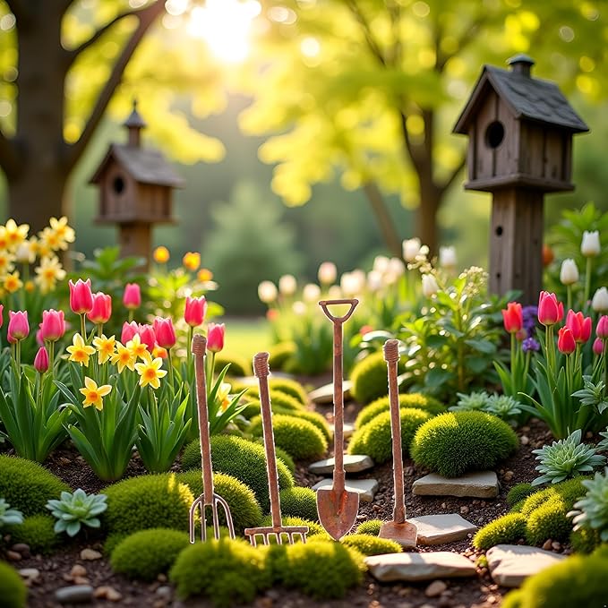 4 Pcs/Set Miniature Dollhouse Garden Tools 1:12 Mini Rusty Shovel Hoe and Pitchfork Fairy Garden Accessories Furniture Ornaments Micro Landscape Decor Garden Sculptures Statues(ZS358)