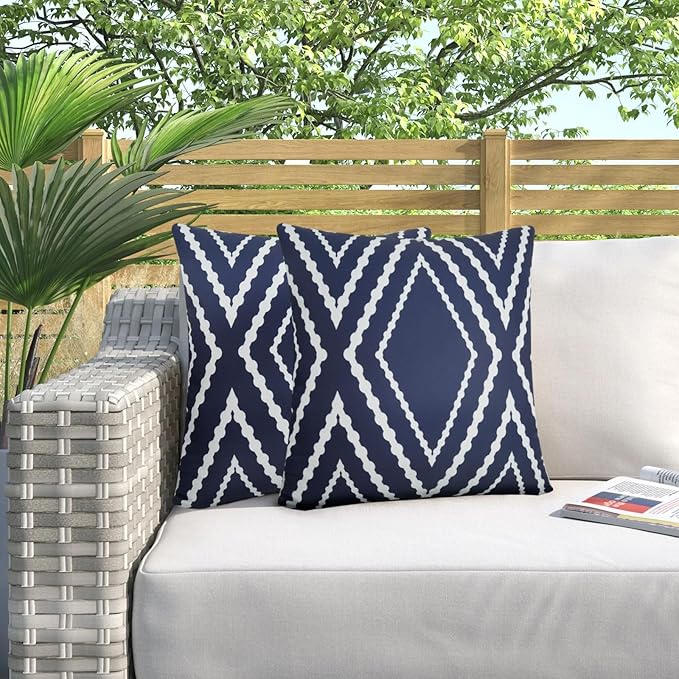 Adabana Outdoor Waterproof Throw Pillow Covers Set of 2 Boho Geometric Pillows Cover for Patio Garden 16 x 16 Inch Navy Blue
