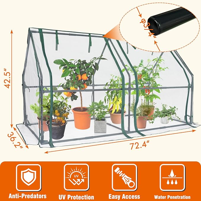 Gardzen Mini Greenhouse with Zipper Mesh Cover, Steel Frame Portable Outdoor Greenhouse, Enhanced Ventilation, Ideal for Spring, Summer & Fall 71.7"(L) x36.2(W) x42.5(H)