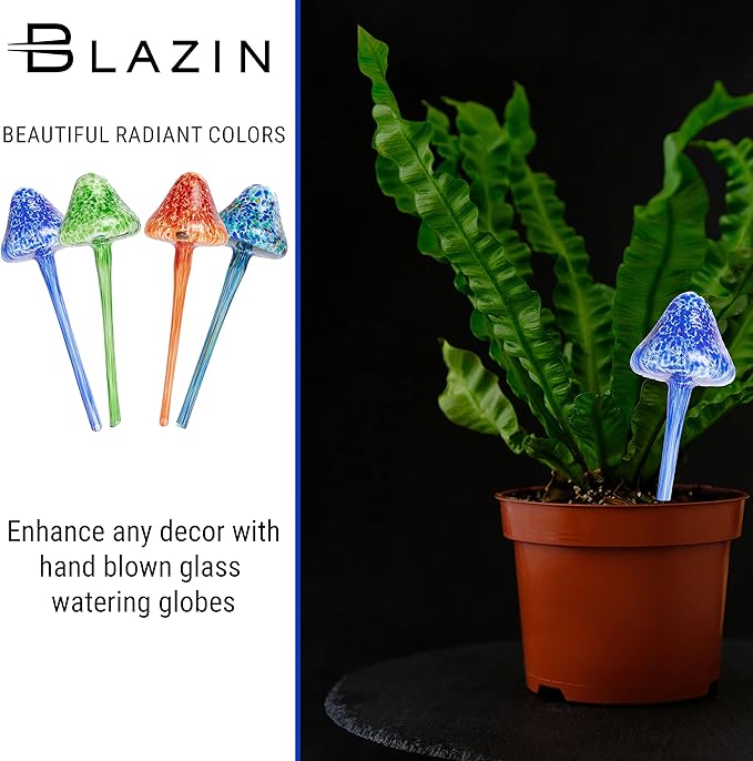 Blazin Indoor Plant Watering Globes | Mushroom Shape | Automatic Self Water Bulbs | Aqua Water Globe | Decorative Hand-Blown Glass | 4pc Deluxe Set (Large)