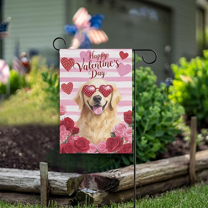 Happy Valentine’s Day Pink House Flag 28x40 Inch Double Sided Outside Love Dogs Golden Retriever Flowers Yard Outdoor Flag Banner for Garden Lawn Patio Holiday Decorations