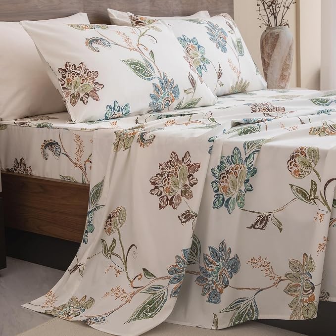 QSH Floral Bed Sheets Queen Size - 100% Egyptian Cotton Sheets Elegant Botanical Leaves Flower Pattern Printed Bedding Sheets Queen Size Bed Extra Soft and Breathable 4pcs Deep Pockets Bed Sheets