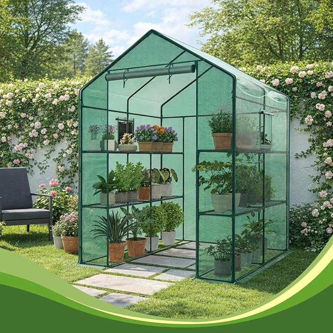 OLIXIS Outdoor Greenhouse, Walk-in Greenhouse with 2 Tier 8 Plant Shelves, Durable PVC Cover, 56"×56"×77" Portable Greenhouses for Outdoor Garden, Patio, Porch, Backyard Green Houses, Green