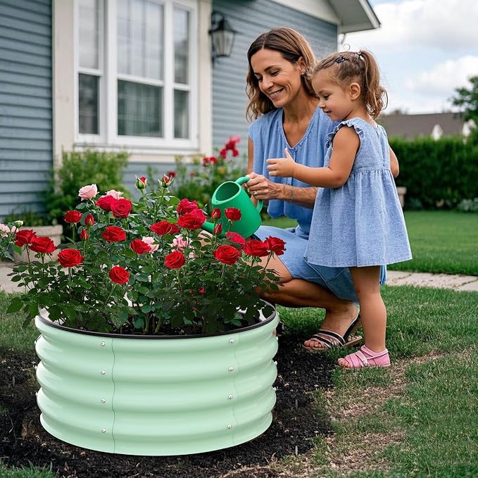 Garvee Galvanized Raised Garden Bed, 2Pcs Raised Garden Beds Outdoor, Round Planter Raised Beds with Gloves and Rubber Edge Trim for Vegetables, Flowers and Herbs, 3x3x1 FT, Green
