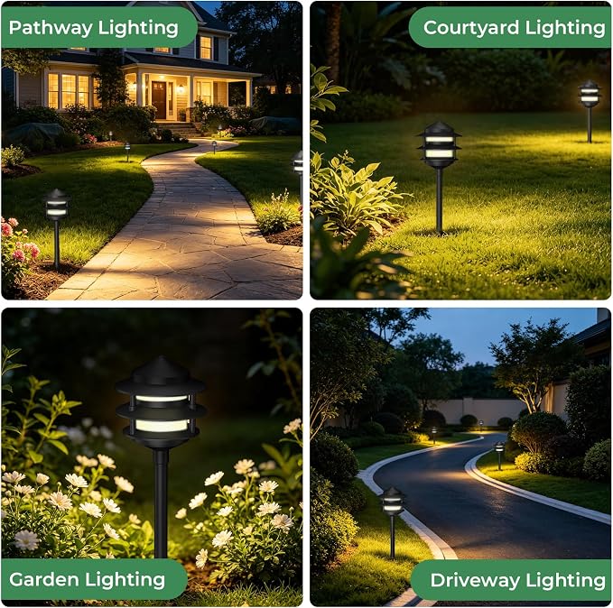 Gardencoin Pagoda Low Voltage Landscape Pathway Lights, 12V Outdoor LED Path Lights Wired, Aluminum Walkway Lighting with 4W 2700K Replaceable G4 Bulb, Classic 3-Tier Lantern, 6 Pack