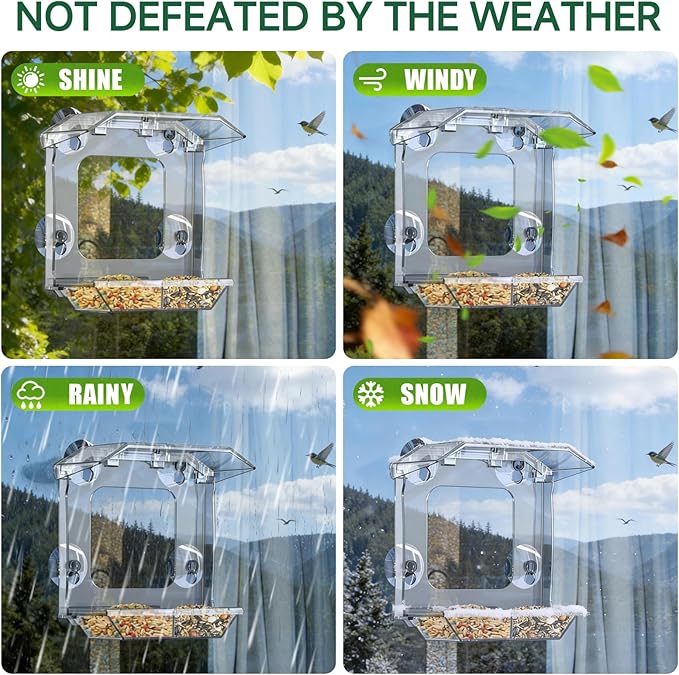 Window Bird Feeder with 4 Extra Strong Suction Cups, Clear Bird Feeder for Outdoor with Dual Seed Tray, Easy to Install & Clean, Durable Wild Birdfeeder Perfect for Garden Home Bird Viewing