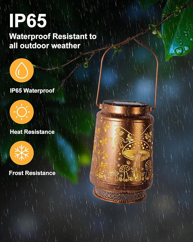 2 Pack Mushroom Solar Lanterns Outdoor Waterproof, Garden Decor Birthday Gifts for Women Mom Grandma Sister, Metal Hanging Solar Lights Outside Decorative for Backyard Patio Lawn Pathway Landscape