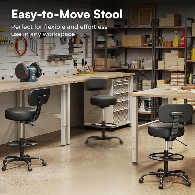 SUPERJARE Drafting Chair with Back, Set of 2, Swivel Barstools, Adjustable Height Rolling Stool with Footrest, Standing Desk Chair for Counter Height Desk, Shop, Home Kitchen, Clinic Studio, All Black