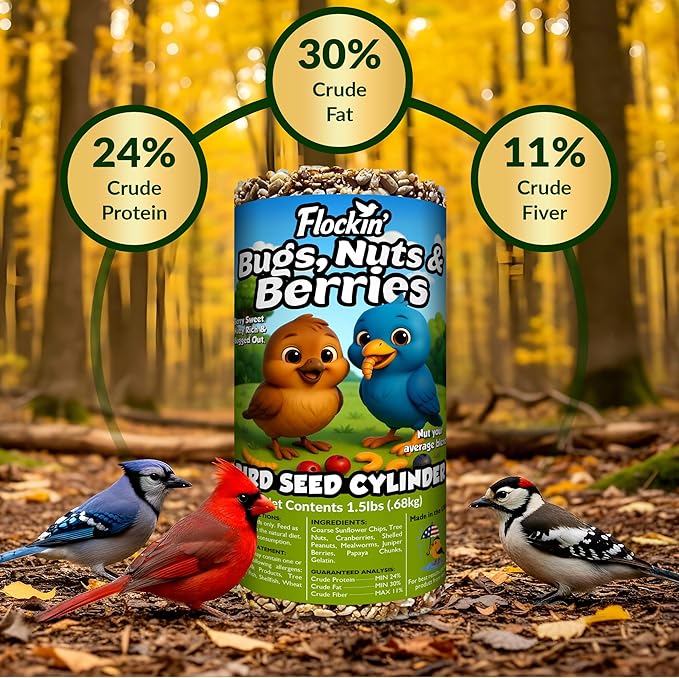 Bugs, Nuts & Berries Bird Seed Cylinders with Hole β Wild Bird Food for Blue Birds, Woodpeckers, Cardinals & More β Premium Protein-Rich All Natural Blend, No Fillers β USA Made (4" x 7.75")