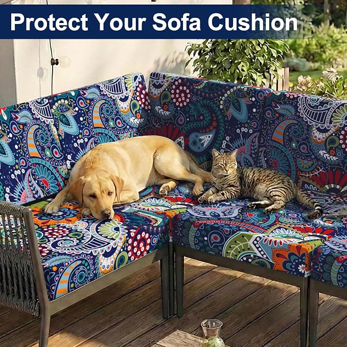 Smiry Waterproof Patio Cushion Covers, Stretch Outdoor Couch Slipcovers Replacement Washable Furniture Protector Sofa Chair Seat Cover for Dogs and Pets (14 Pcs, Blue Green)