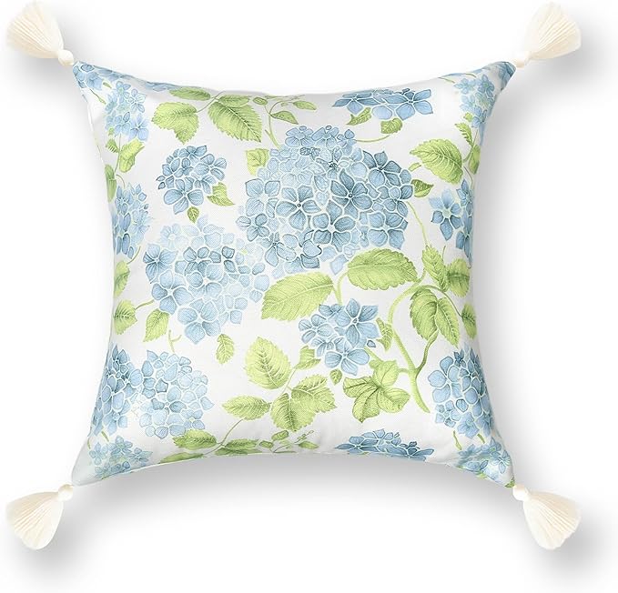 Hofdeco Premium Coastal Patio Indoor Outdoor Throw Pillow Cover Only, 18"x18" Water Repellent for Backyard, Couch, Baby Blue Green Print Sketch Hydrangea Flower