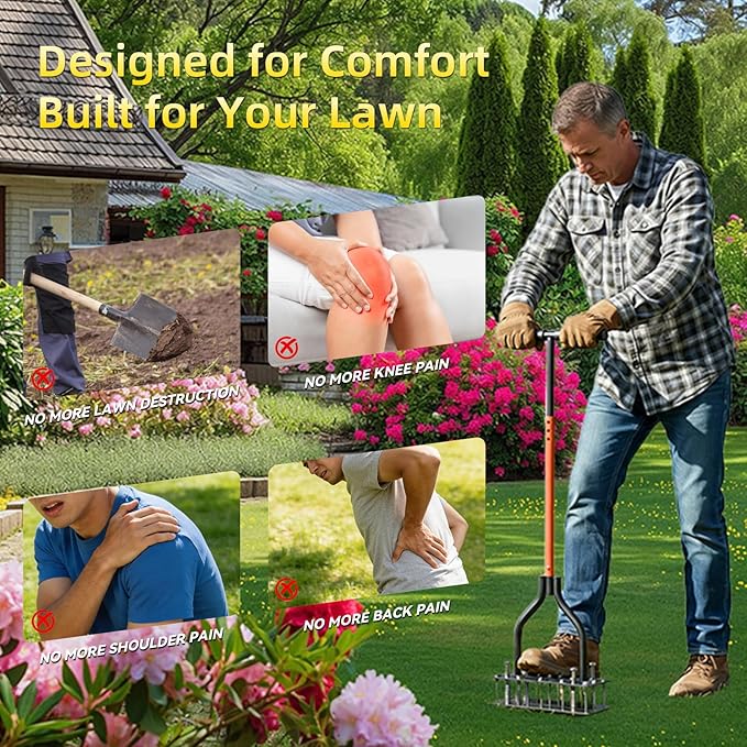 Lawn Aerator Tool with Dual-Layer Self-Cleaning Spikes, 15 Spike Heavy Duty Manual Lawn Aerator for Compact Soil, Anti-Clog Grass Aerator for Yard, Garden & Lawn Care