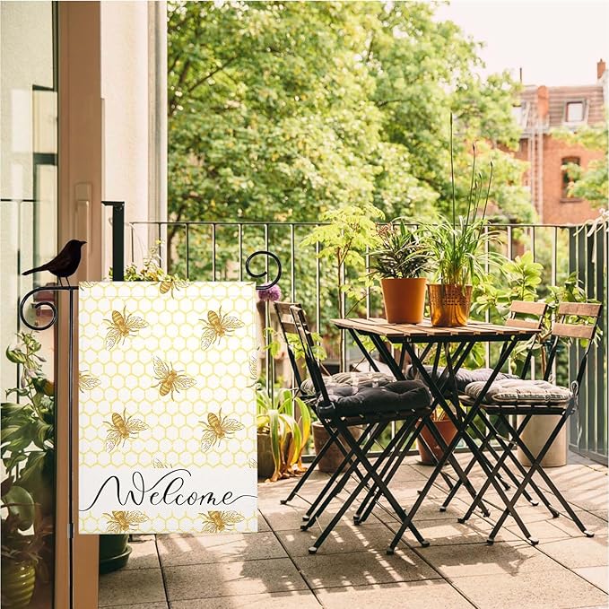 Mugod Welcome Flying Bee Garden Flag 12.5x18 Inch Double Sided, Honeycomb & Bees Yard Flag for Outdoor House Porch Patio Lawn Decor