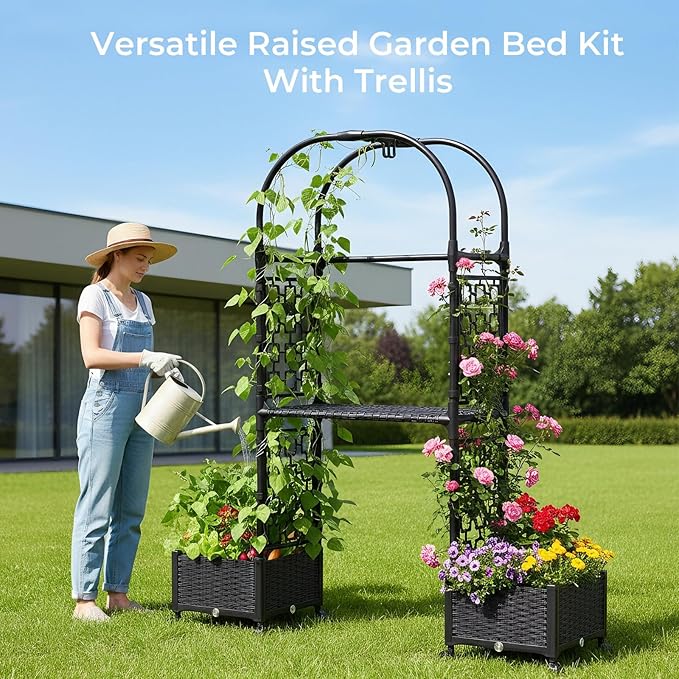 71"x16"x32" Planter Box with Trellis, 3-in-1 Self-Watering Planter Box with Wheels for Patio,Raised Garden Bed with Trellis, Drainage Holes & Metal Storage Rack for Vine Climbing Plants