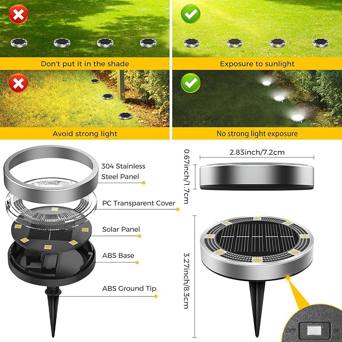 6 Pack Solar Ground Lights Outdoor, 8 LED Mini Flat Solar Disc Lights, IP65 Waterproof Pathway Lights Solar Powered, Landscape Lighting for Garden Walkway Driveway Yard Lawn,Cool White