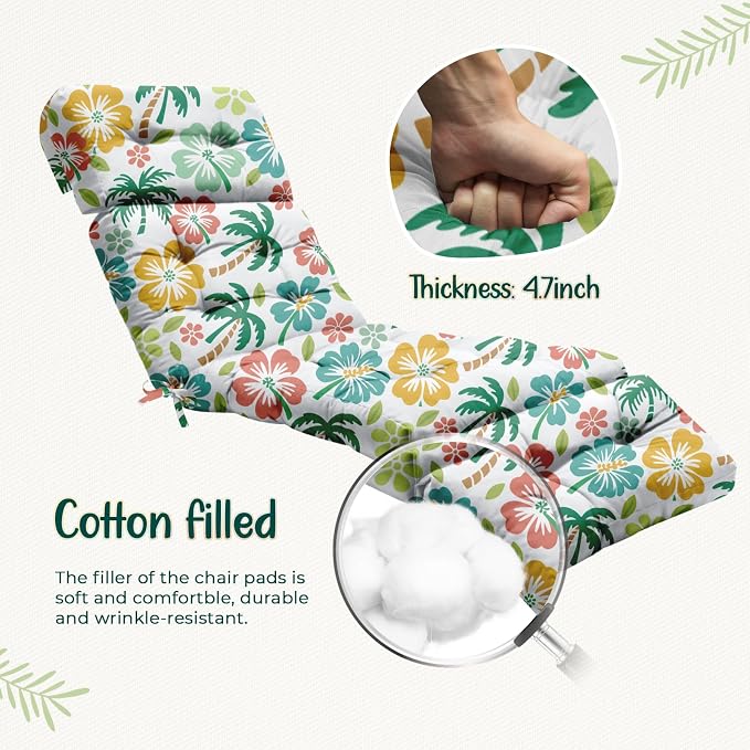 2 Pack Outdoor Chaise Lounge Chair Cushion 75.1 x 22.8 x 4.7 Inches 100% Waterproof Replacement Cotton Patio Pool Lounge Chair Cushion for Outdoor Furniture with Ties, Green Coconut Tree