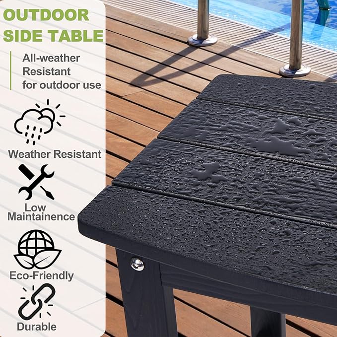 Y&M Outdoor Side Table, HIPS Adirondack Small Single Table, Waterproof Square Outside Table, Balcony Modern End Tables for Patio, Pool, Beach, Porch, Deck, Indoor or Outdoor Use (Black, 2 Pack)