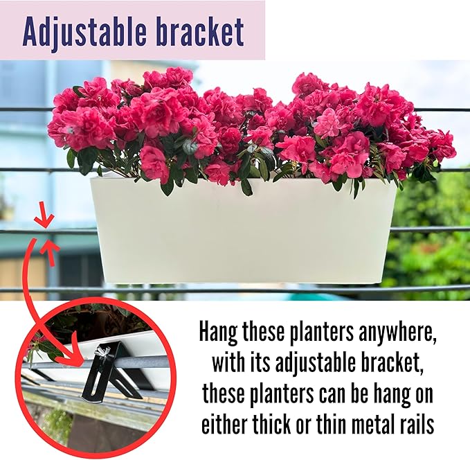 LaLaGreen Rail Planter Boxes (14 Inch, 4 Pack) Self-Watering Railing Planters with Brackets, Rectangular Hanging Window Flower Boxes for Deck Balcony, Fence, Herb Outdoor Garden White Plastic Planters