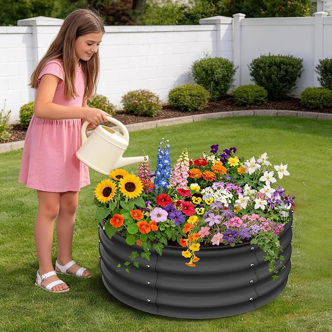 Garvee Galvanized Raised Garden Bed, 2Pcs Raised Garden Beds Outdoor, Round Planter Raised Beds with Gloves and Rubber Edge Trim for Vegetables, Flowers and Herbs, 2x2x1 FT, Dark Grey