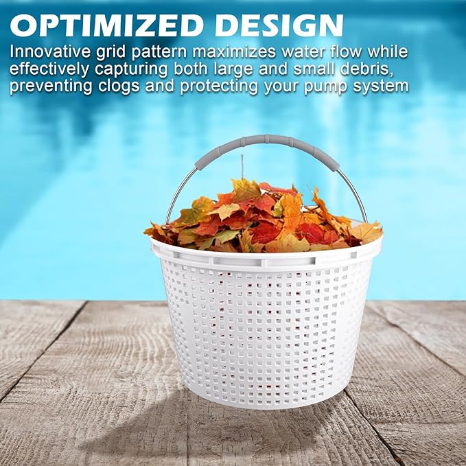 8" Pool Skimmer Basket for Inground Pool Compatible with Pentair U-3 Skimmer Basket 08650-0007 and Hayward SP1070 SPX1070E Pool Basket ,Stainless Steel Handle,Rubber Grip & Built in weighting,White